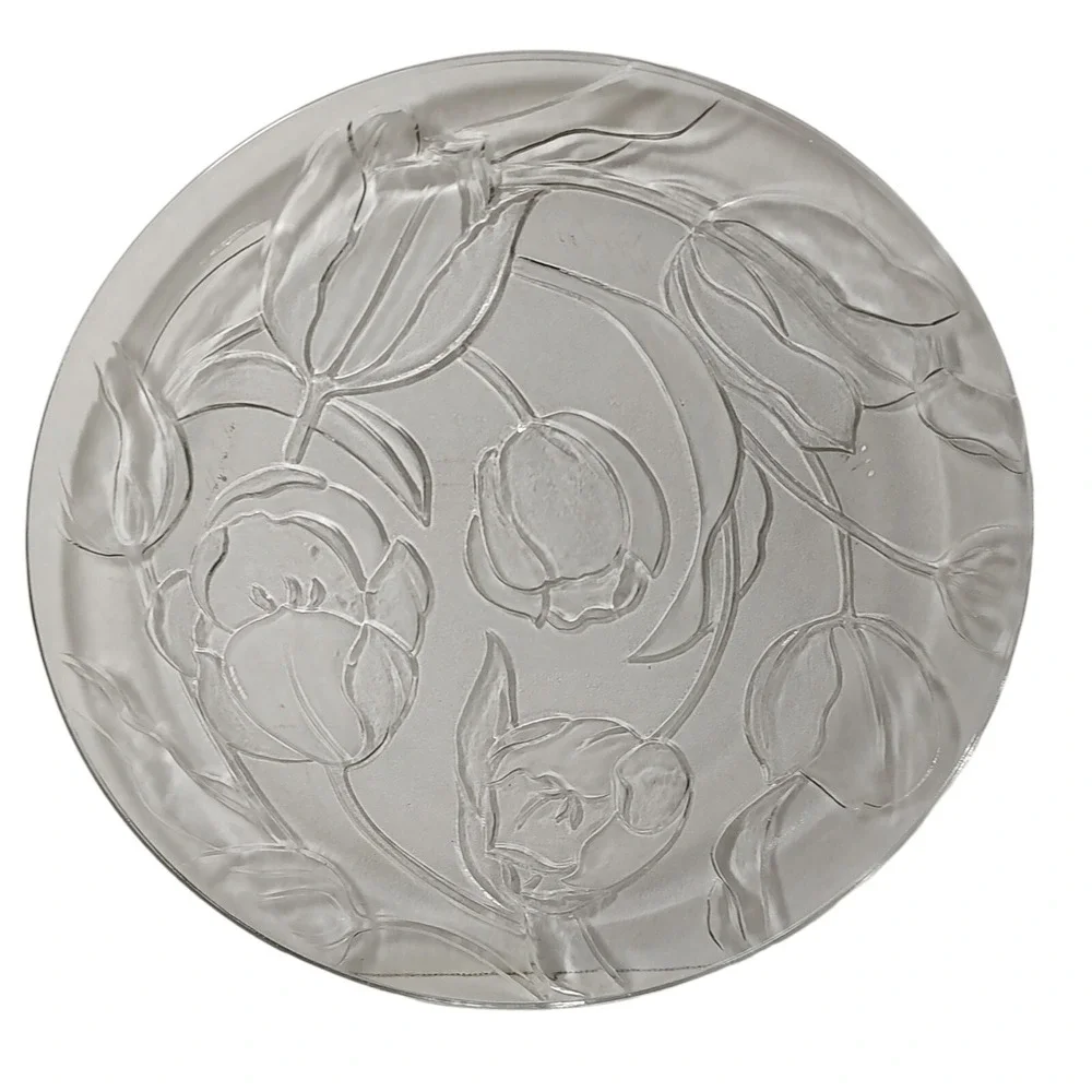 Vintage Kig Group Round Serving Platter Embossed Tulips‎ Clear Glass 13 inch SEE